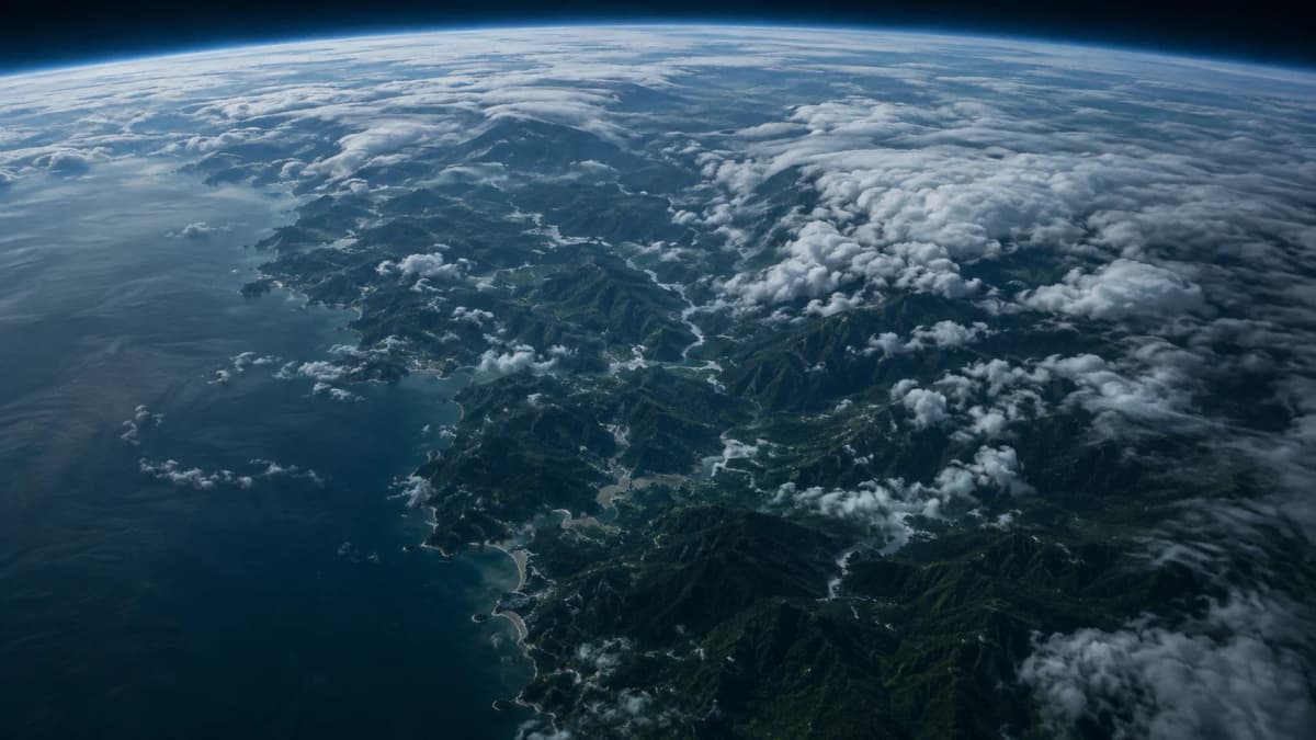 Vista satelital del occidente colombiano desde la órbita, con la costa del Pacífico bajo un manto de nubes.