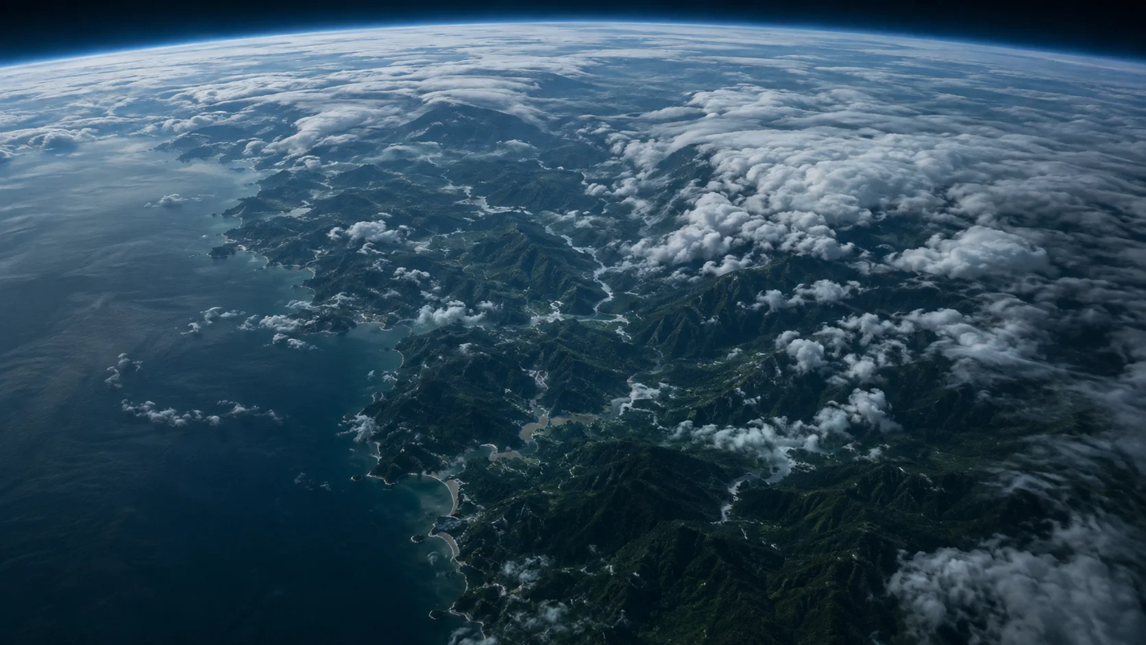 Vista satelital del occidente colombiano desde la órbita, con la costa del Pacífico bajo un manto de nubes.